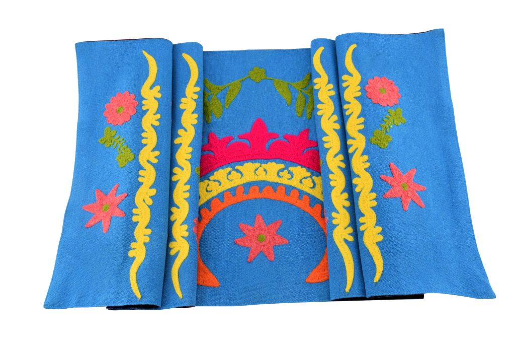 143902491038-02 Handmade Egyptian Cotton Table Runner - 60 * 18 Inch - Hand Embroidery - Blue