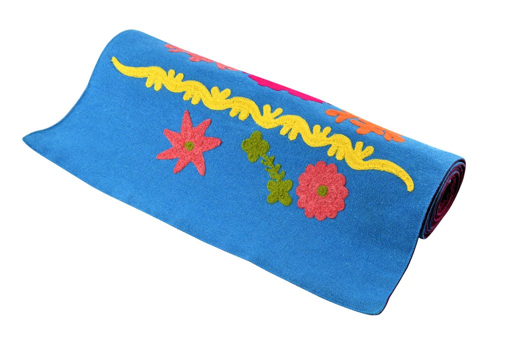 143902491038-02 Handmade Egyptian Cotton Table Runner - 60 * 18 Inch - Hand Embroidery - Blue