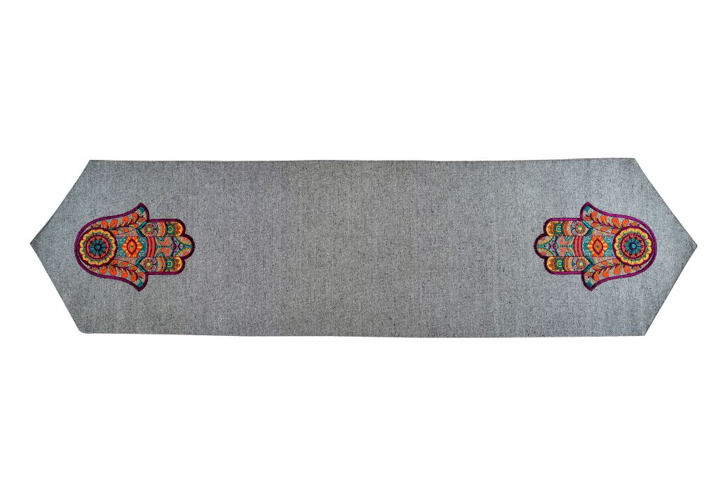 143902491039-01 Handmade Egyptian Cotton Grey Table Runner - Hand-Of-Fatima - Red Hand Embroidery